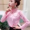 Temperament Spitze Bodenbildung Shirt frauen Herbst und Frühling Süße Stehkragen Blumen Sexy Hohl Mesh Top