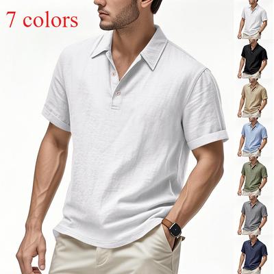 Męska koszulka POLO z krótkim rękawem, lniana, luźna, casualowa, z klapą