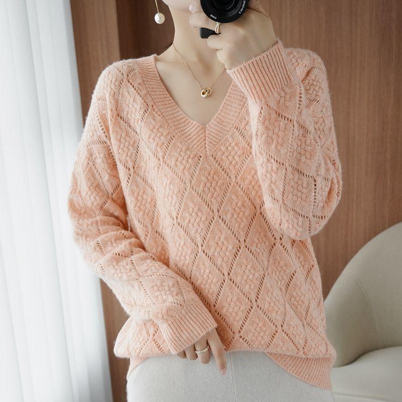 V-neck Knitted Sweater with Hollow Out and Versatile Loose Diamond Shaped Autumn and Winter Sweater Women's Base Sweater
