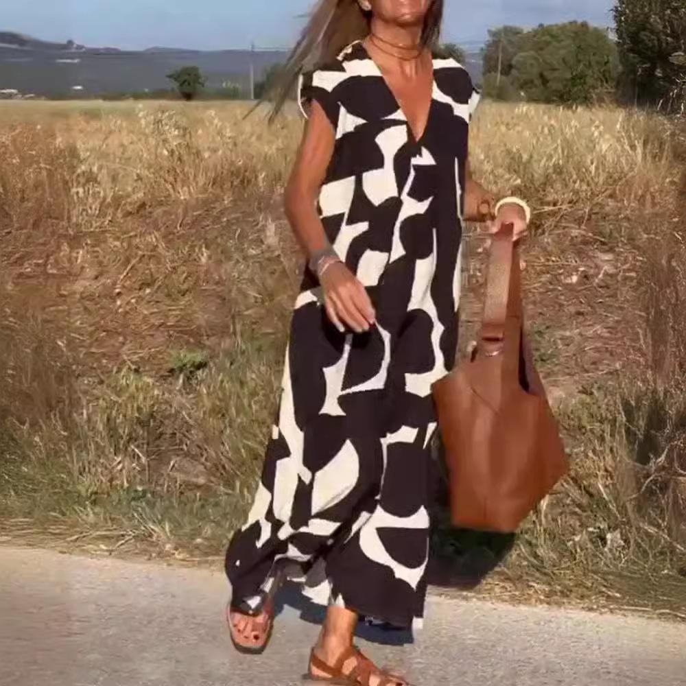 Elegant ladylike V-neck loose waist dress, summer fashion new versatile long skirt, Europe and America