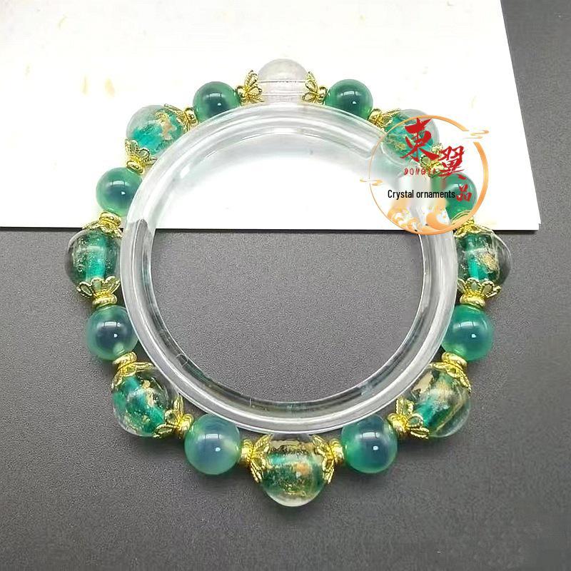 Green Agate & White Prayer Beads Bracelet with Gold Foil and Ash Glass Accents