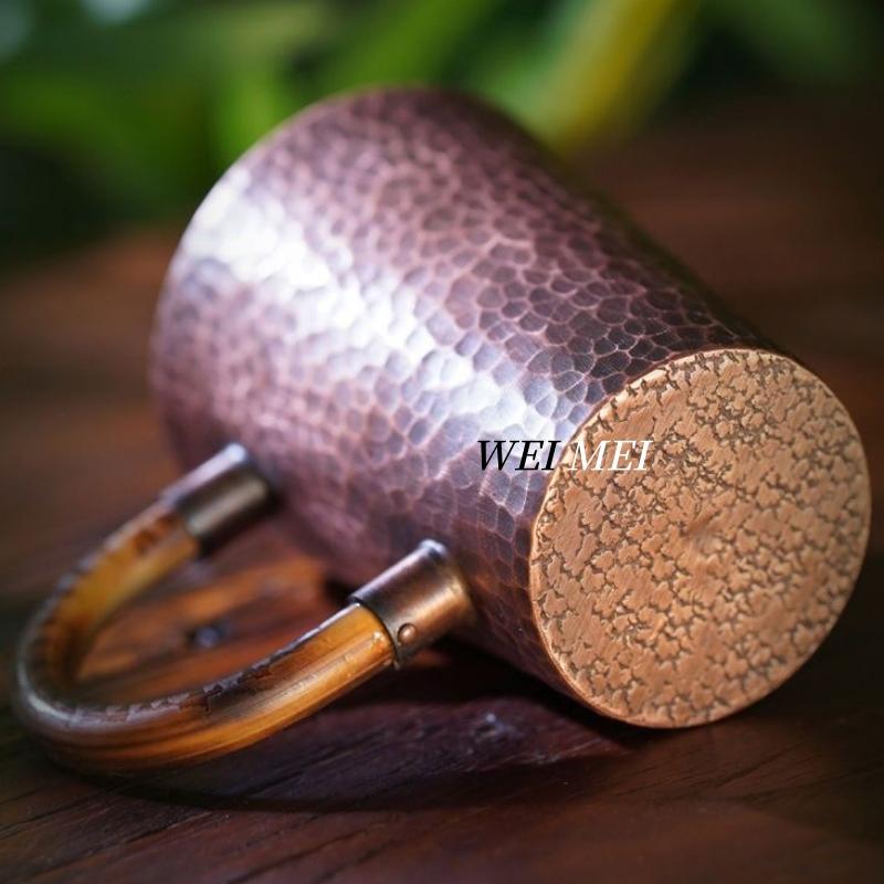 With lid Vintage Pure Copper Coffee Mug,Home 300 ml Handle Breakfast Cup,Handcrafted Engraving Hammer Texture Tea Cup Drinkware