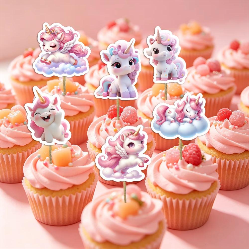 Cute pink unicorn cupcake toppers,cartoon cake picks, perfect for girls' birthday party decorations and kids' dessert decoration