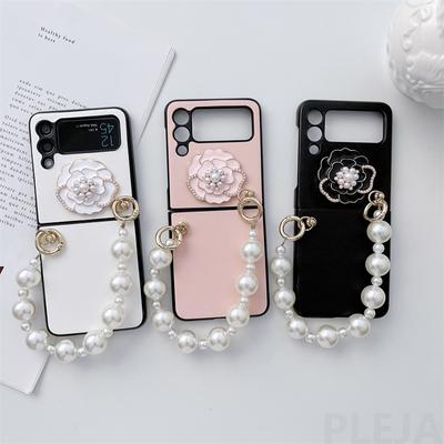Capa de Celular Pulseira de Pérolas Fofa Para Samsung Galaxy Z Flip 3 Capa Dura Corrente de Mão Flor de Camélia 3D Para Zflip3 Flip3 Capa