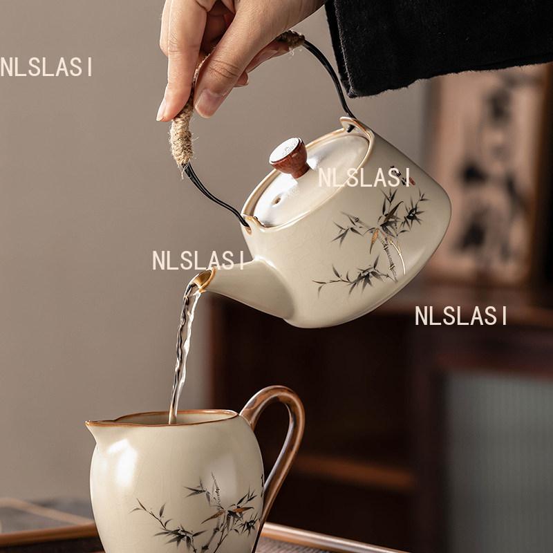 Ru Kiln Lifting Pot Ceramic Household Small Capacity Teapot Chinese Bamboo Tea Set Underglaze Color Drinking Tea in The Office