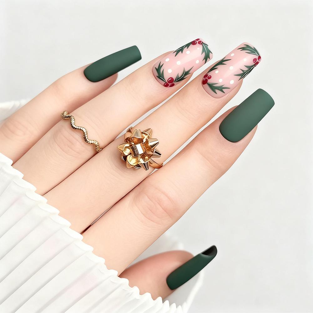 Handmade Green Cross-Border Medium-Long Christmas Wearable Nails