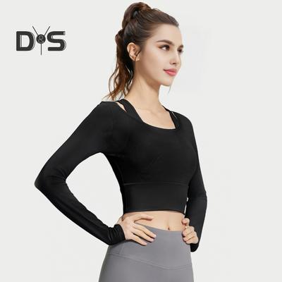 Women's Sheer Mesh Fake Two-Piece Crop Top Slim Fit Long Sleeve Camisole Workout Tops Padded Yoga Fitness Shirts
