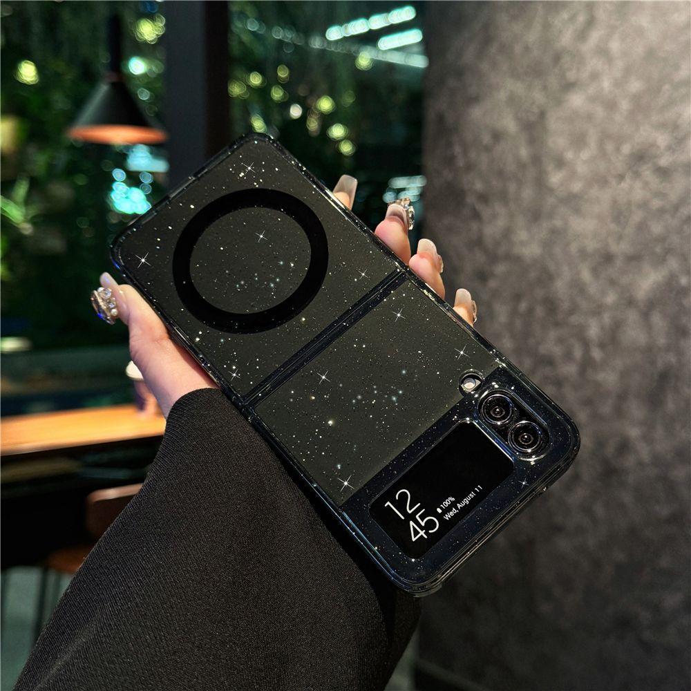 Suitable for Samsung Zflip6 Mobile Phone Case Magnetic Folding Zflip5 4th Generation Transparent Flash Powder Anti Fall Protection Case