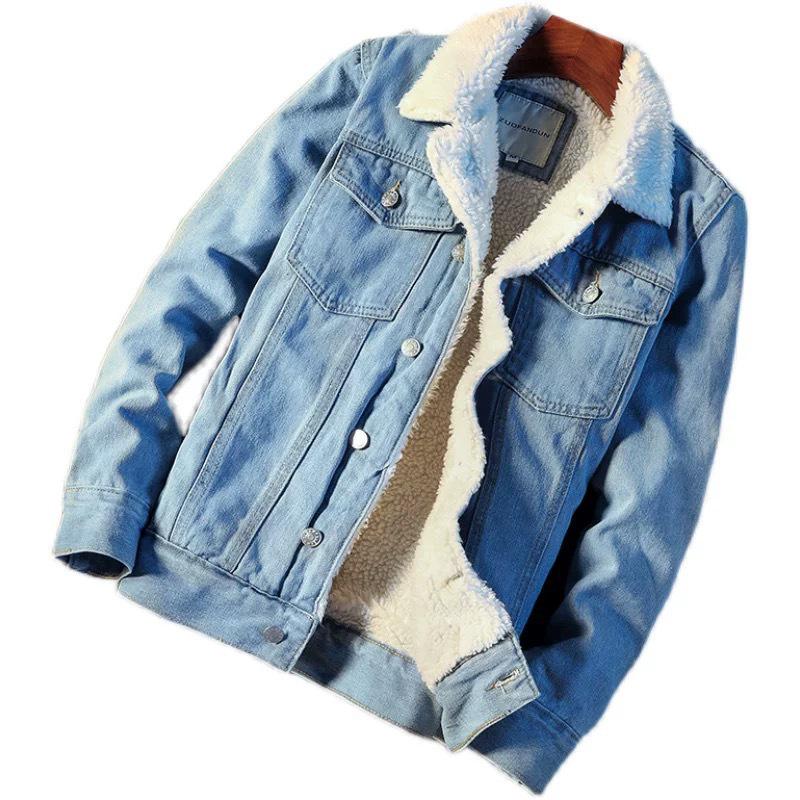 Veste de baseball en denim d'hiver pour homme, style coréen, avec laine d'agneau