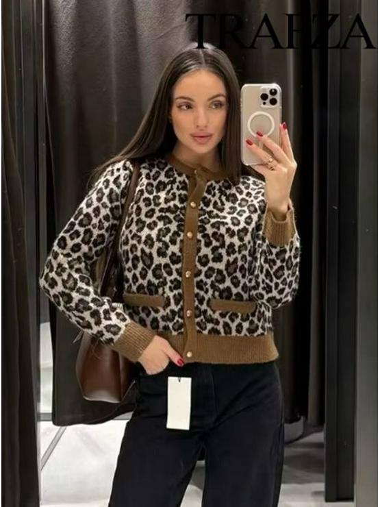 European & American Women's Round Neck Animal Print Faux Fur Knitted Cardigan Coat - Winter Collection