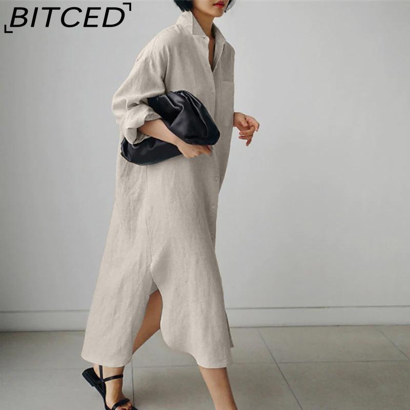 BITCED Women's Casual Loose Turn-Down Collar Long Sleeve Shirt Dress
