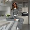 Women's Relaxed Two Piece Loungewear Long Sleeve Fake Layer Top Drawstring Flare Pants Set