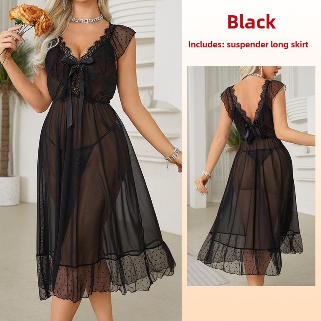 Sexy Polka Dot Nightdress Princess Style Suspender Skirt Mesh Private Room Pajamas Backless Wear
