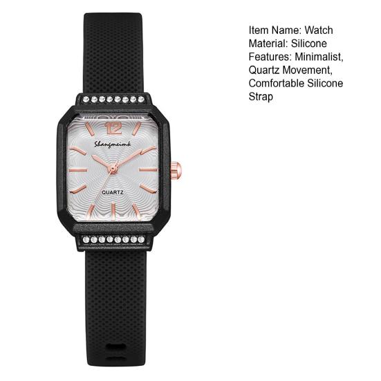 Damen Silikon Uhr Quadratisches Zifferblatt Strass Minimalistisch Kleid Quarz Armbanduhr Uhr für Freizeit Formell Büro Party