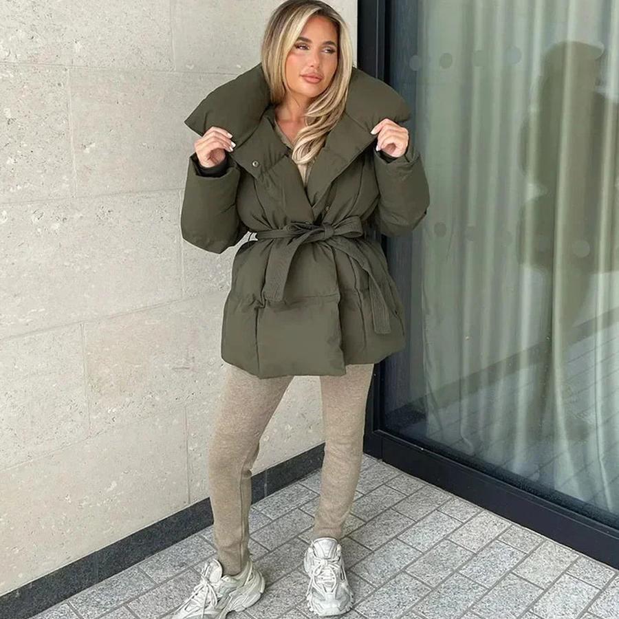Women's Warm Waist Slimming Long Sleeve Tie Waist Loose Solid Color Fashion Winter Cotton Jacket Coat