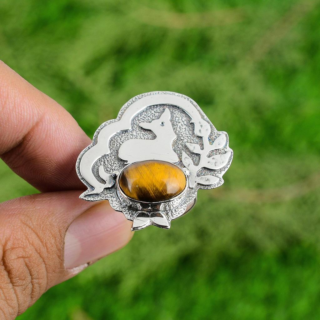 Oval Tigers Eye Gemstone 925 Sterling Silver Bezel Wedding Wife Statement Ring