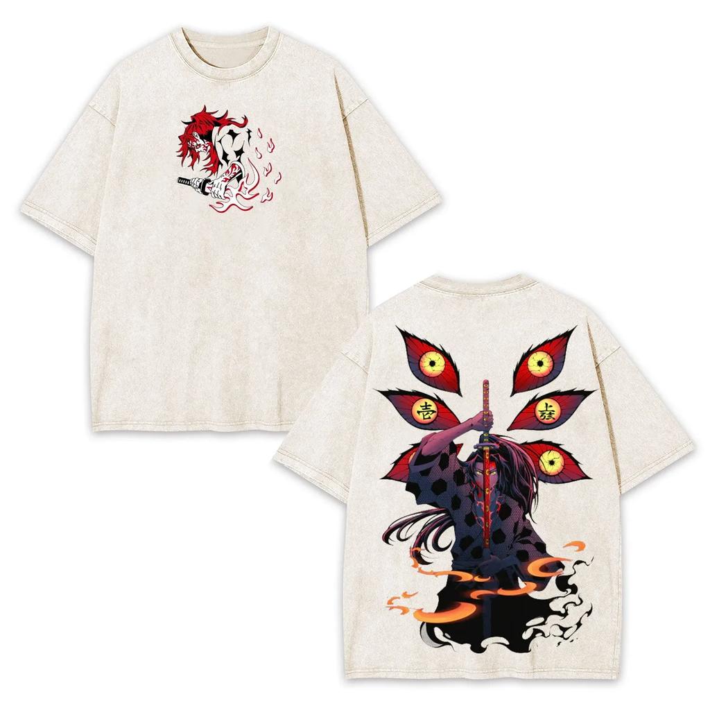 Harajuku Anime Demon Slayer Grafik T-Shirt Kokushibo Gewaschenes Oversized T-Shirt Herren Damen Kleidung Weiche Baumwolle Kurzarm T-Shirts