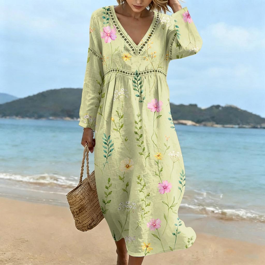 Fashionable lady's V-neck mid-length casual long-sleeved dress
