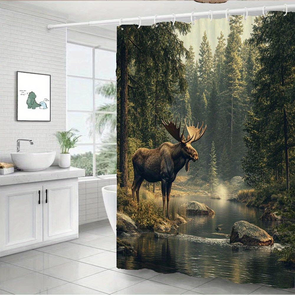Photorealistic Moose Shower Curtain Majestic Bull In Misty Forest River Polyester Decor 70.8X70.8In, Machine Washable, 12 Hooks