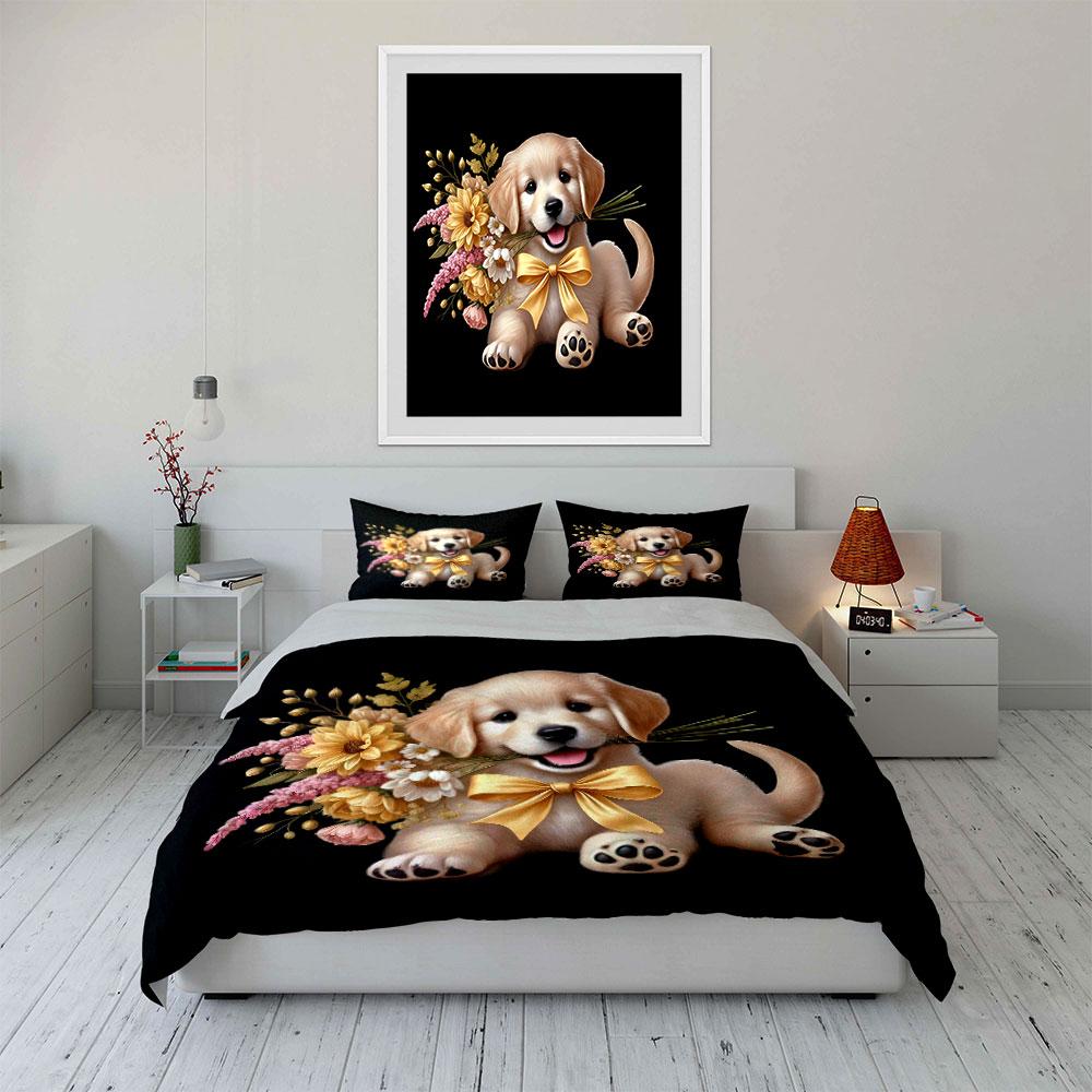 "Adorable Puppy Floral Gift Set" Exquisite Three-piece Bedding Set Gift for Kids and Adults