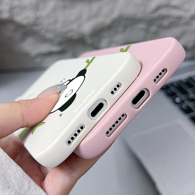 Cartoon Panda Leather Texture Case For iPhone 16 15 14 Pro Max 13 12 Pro Max 11 Shockproof Matte Soft TPU Silicone Phone Cover