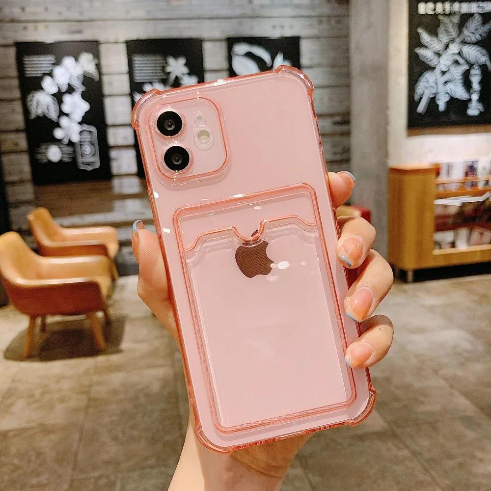 Card Bag Transparent Phone Case For iPhone 13 11 12 Pro Max XR XS Max X 7 8 Plus 12 Mini Shockproof Soft Bumper Clear Cover