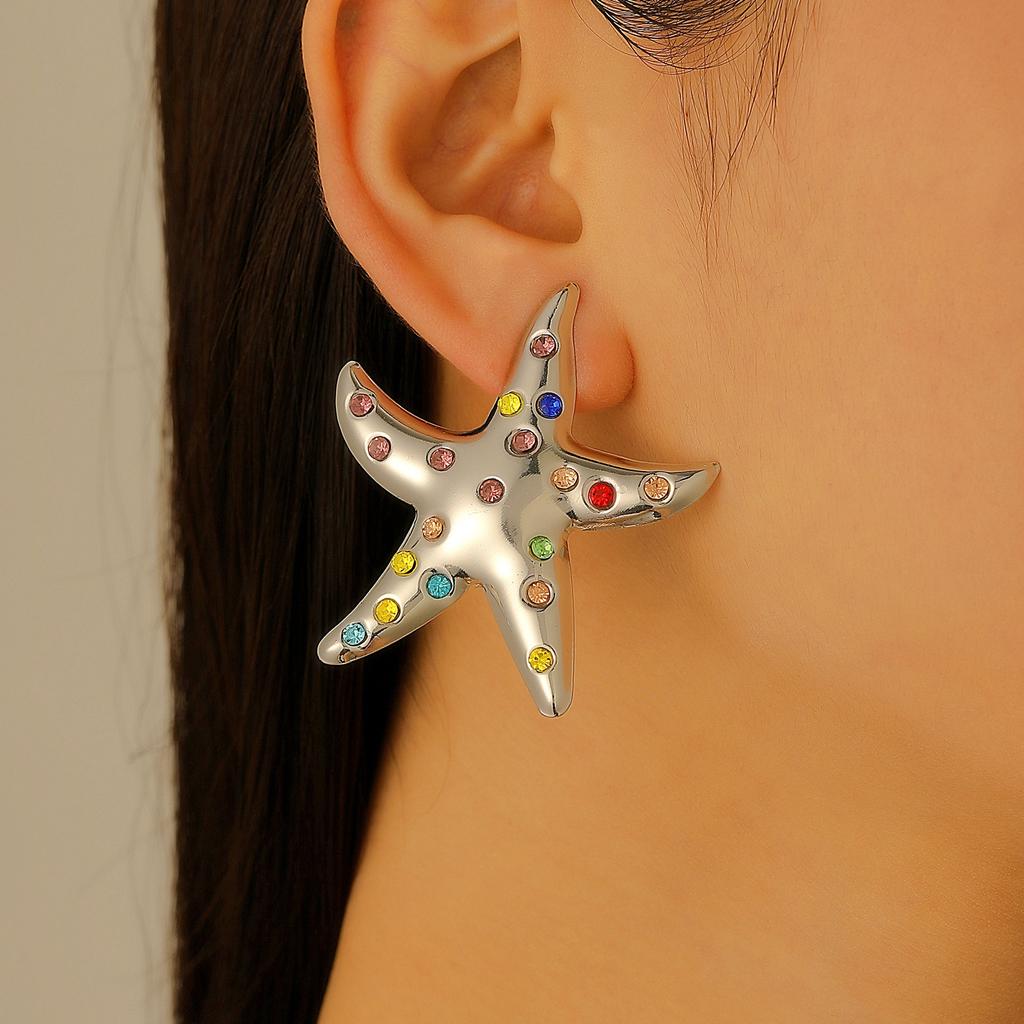 Trendy Simulated Starfish Stud Earrings for Women Exquisite Colored Rhinestones Summer Beach Daily Jewelry