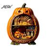 Rustic Halloween Tabletop Decor Centerpiece Pumpkin, Wooden Pumpkin Ornament with Miniature Scenes, Jack-o'-lantern Table Decorations Skeleton