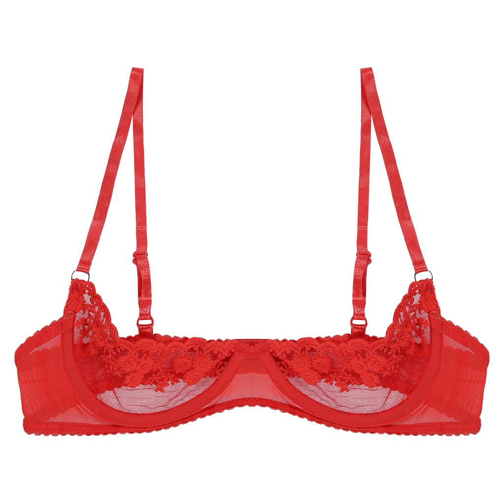 Female Lingerie Sheer Floral Lace 1/4 Cups Underwired Bra Underwear Hollow Out Bralette