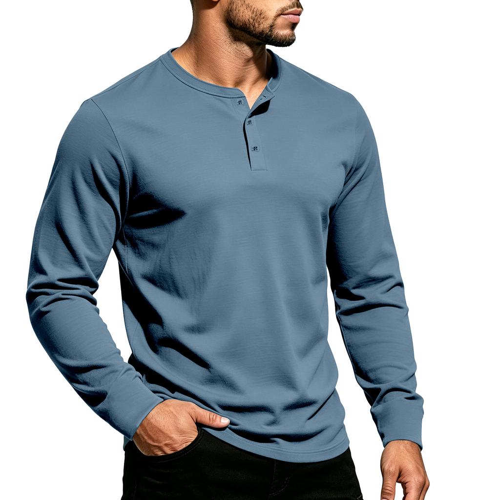 Men's Color Crewneck Long Sleeve T-Shirt with 3 Buttons Casual Versatile Basic Tee