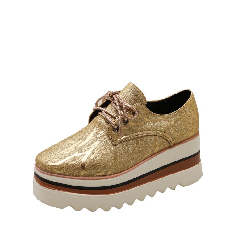 Platform Single Shoes Autumn New Round Toe Lace-Up Front Sequin Anti-Slide Heel Low-Top Women's Shoes