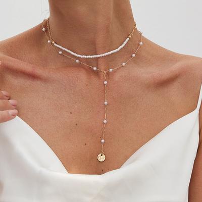 Wind Rice Grain Imitation Pearl Beaded Collarbone Necklace, Simple Metal Round Bead Chain Fringed Necklace