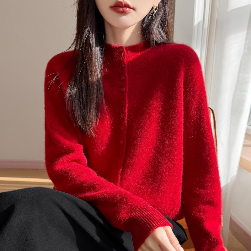 Plus Size Knit Wool Cardigan Sweater with Stand Collar - Women's Long Sleeve Autumn/Winter Fashion