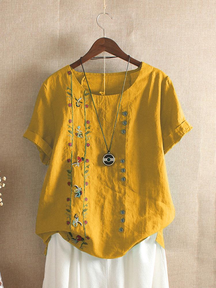 2025 Summer Women's Trendy Embroidered Cotton-Linen Short Sleeve T-Shirt - Korean Fashion