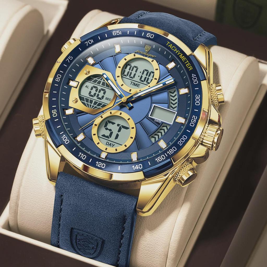 POEDAGAR Fashion Men Wristwatch Week Date Digital LED Quartz Man Clock Alarm Dual Time Display Electronic Luminous Men's Watches