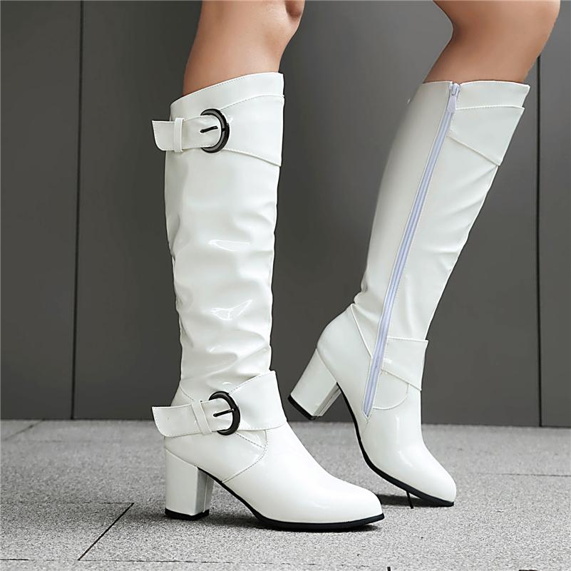 Meotina Women Knee High Long Boots Round Toe Chunky High Heels Zipper Buckle Gogo Boots Ladies Fashion Shoes Winter Black 43