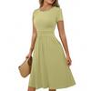 Women's Casual Fashion Round Neck Pleated Short Sleeve Solid Color A-Line Midi Dress