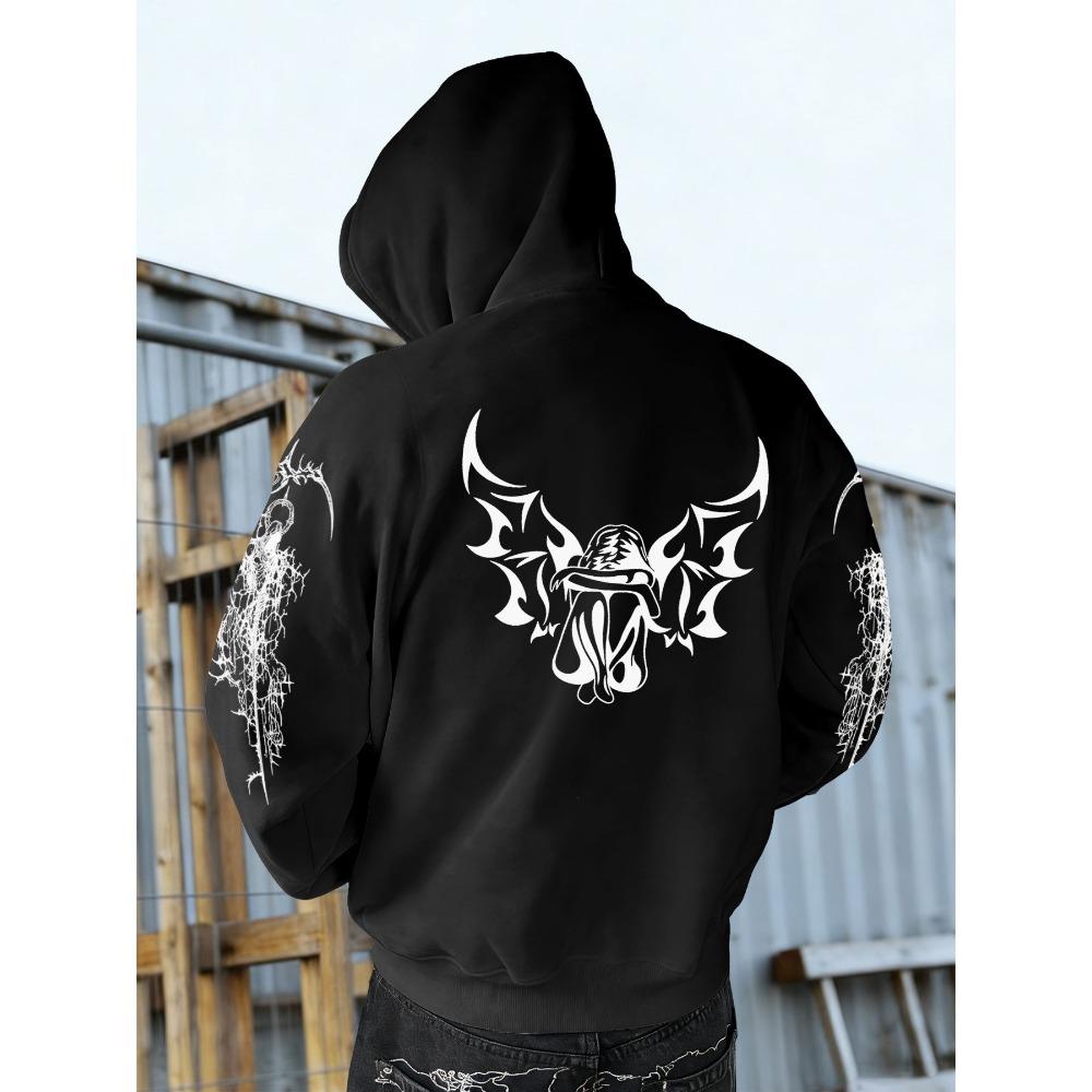 Autumn Winter Trendy Men's Vintage Streetwear Hooded Sweatshirt with Gothic Design, Featuring Demon Wings and Thorns Print on the Back