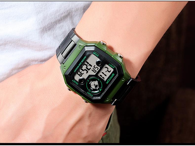 Sanda Men's Waterproof Multifunctional Digital Watch - Small Square, Steel Band