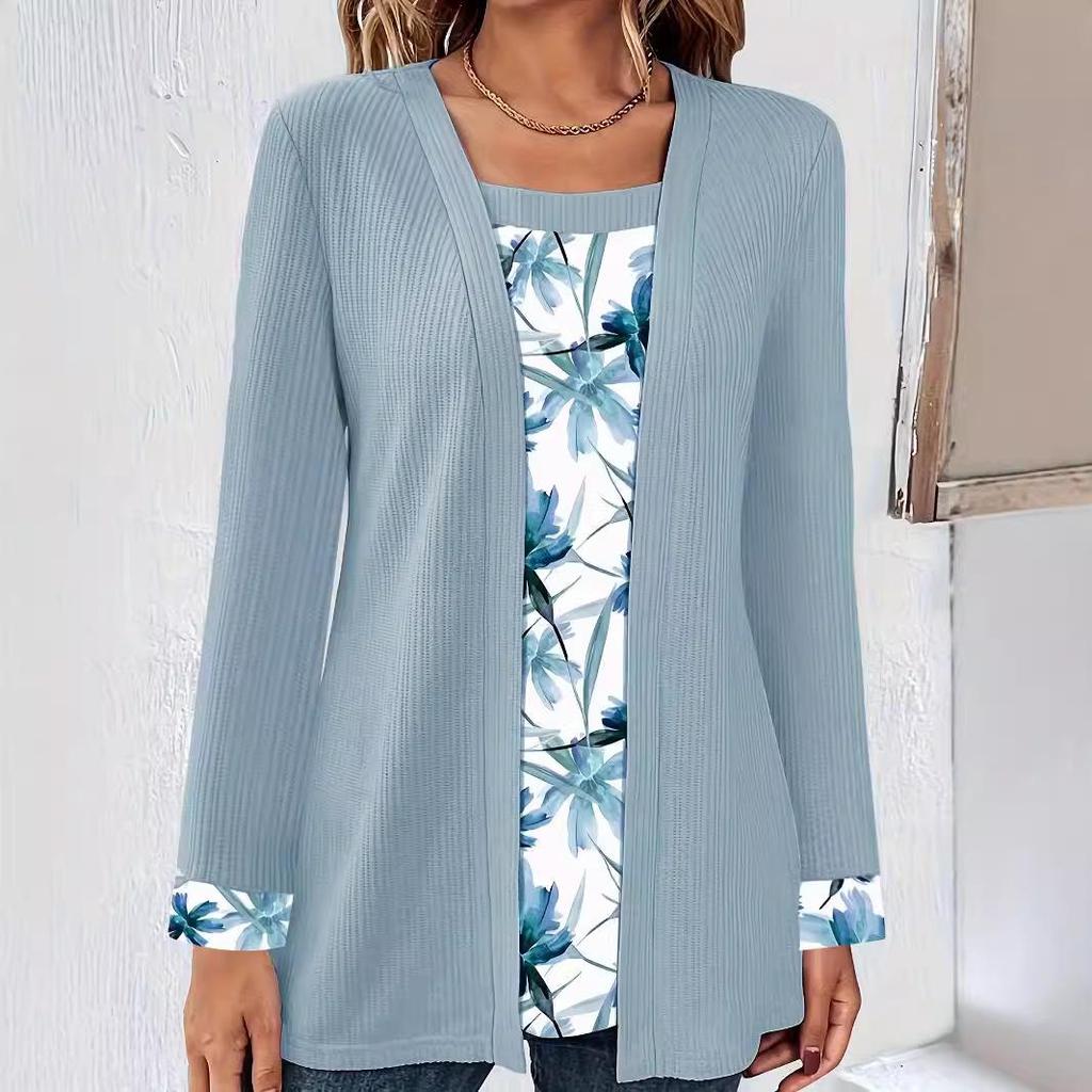 2024 Autumn-Winter Women's Solid Color Printed Patchwork Long Sleeve Fake Two-Piece T-Shirt