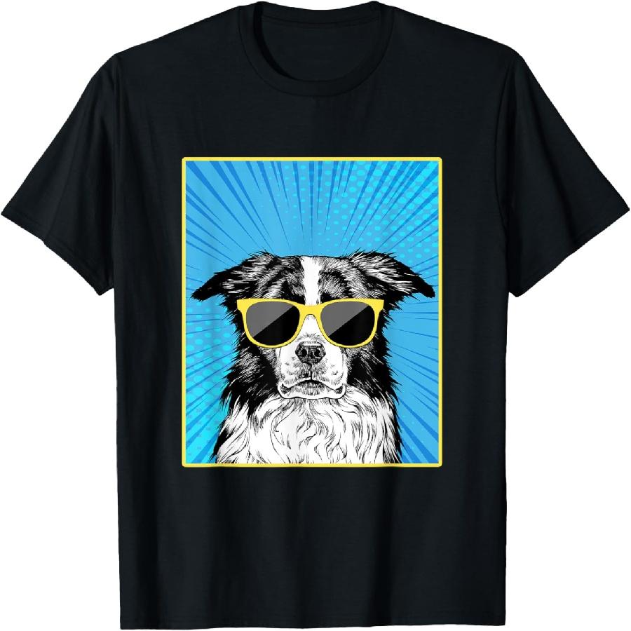 Border Collie Portrait Pop Art Dog with Sunglasses T-Shirt S