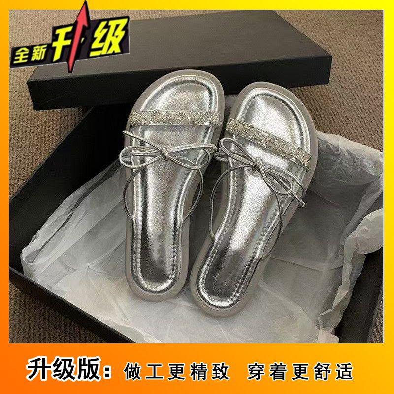 Rhinestone premium French small sandals one-word drag 2025 new summer wear fairy style bow slippers girl