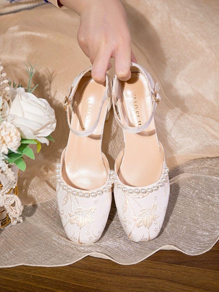 Celebrity style dark pattern retro summer Hanfu Mary Jane high heels Republic of China style with cheongsam height-increasing sandals women