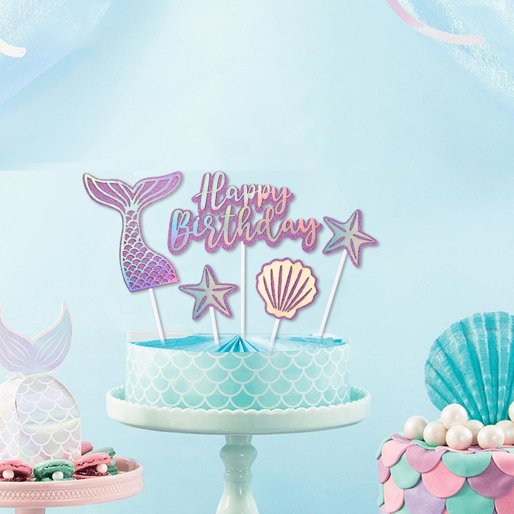 Mermaid Birthday Party Decor Glitter Mermaid Tail Sea Shells Starfish Cake Topper Baby Shower Girls 1st 2th Birthday Party Decor