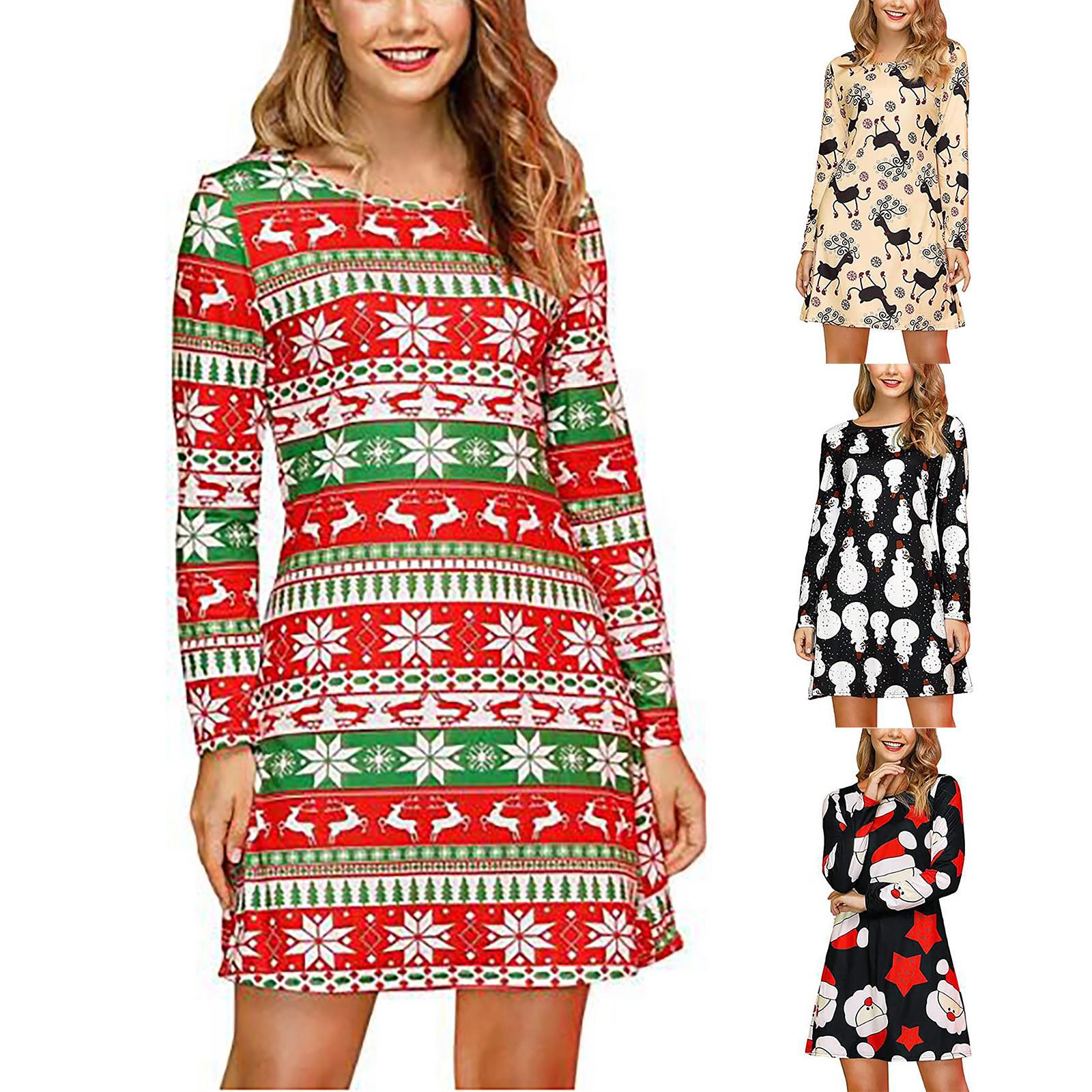 

Женская мода повседневное шитье рождественский принт с длинными рукавами и круглым вырезом платье трапециевидной формы