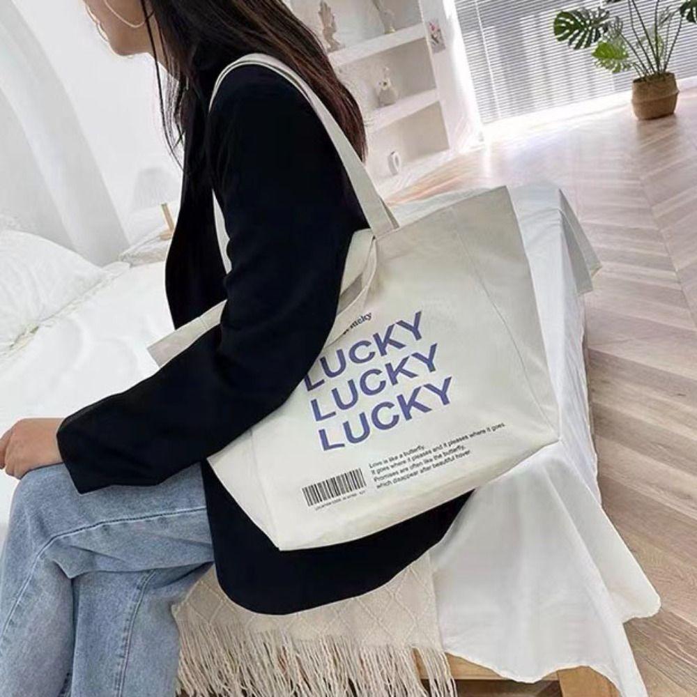 Shopping Literary Canvas Shoulder Bag Large Capacity Underarm Bag Letter Print Tote Bag Travel