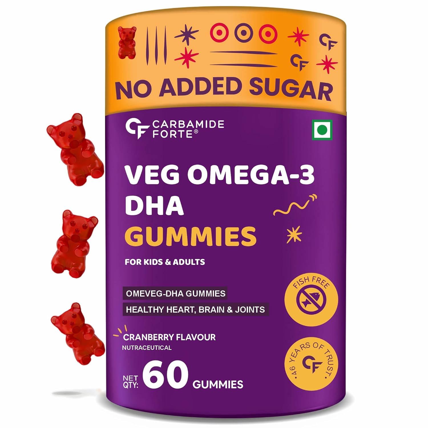 

Carbamide Forte Veg Omega3 DHA 250mg Gummies for Men Women Kids - 60 Veg Gummies for Heart Brain Joints