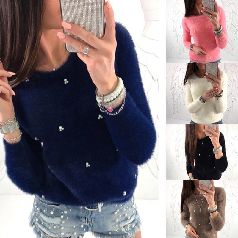 Elegant Women's Plush Beaded Sweater For Versatile Spring And Winter Wear