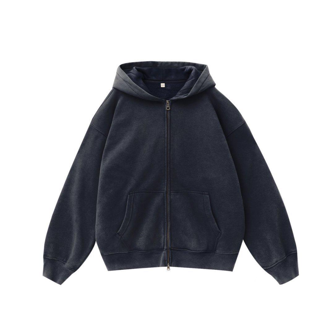 American Retro Washed 380g Velvet Hoodie - Unisex Loose Fit with Zipper L for 60-75 kg