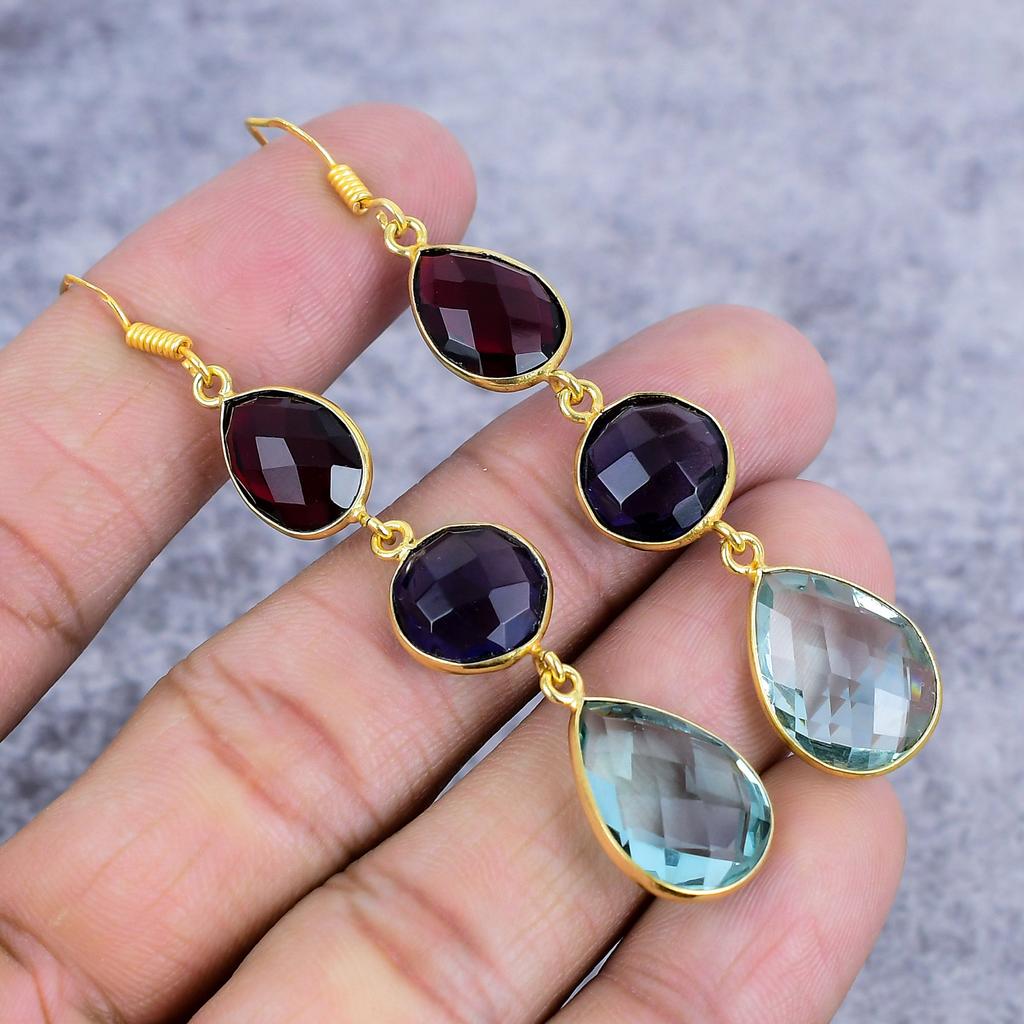 Blue Topaz, Amethyst Gemstone 925 Sterling Silver Jewelry Earring 2.99" M-2654